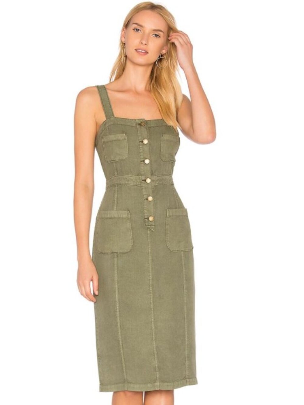 Avec Les Filles || Khaki Green Midi Apron Dress